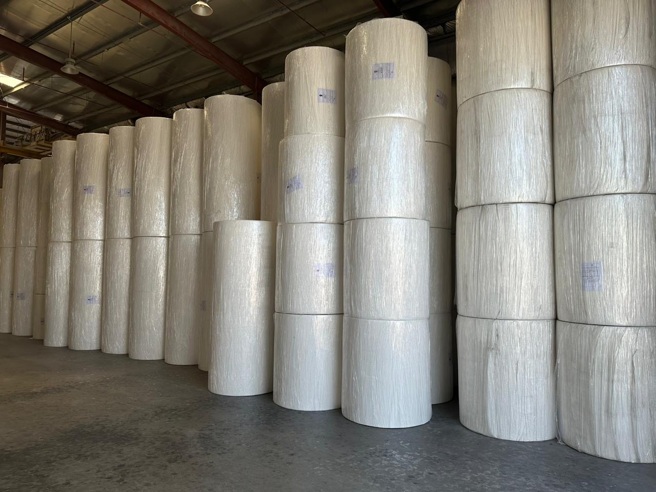 Rows of wrapped tissue reels in EFTI's storage facility